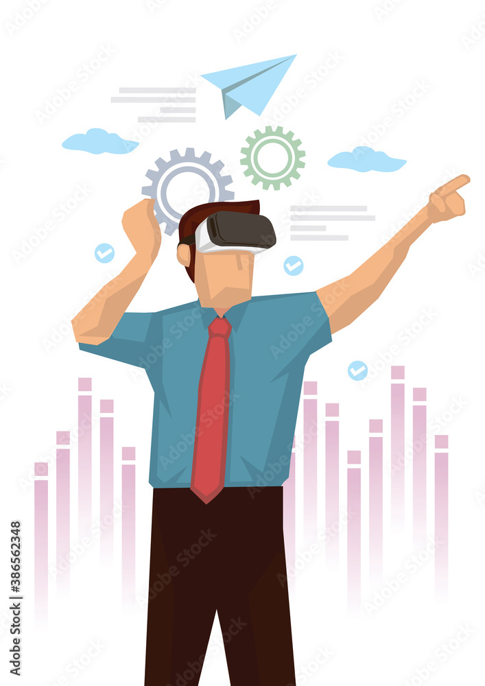 Man experiences with VR headset isolated on white. Man experiences with VR headset isolated on white.