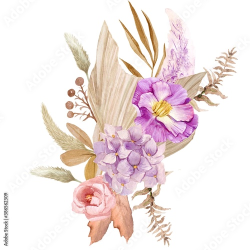 Dry palm  leaves and rose flowers
