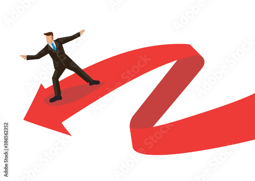 Business metaphor of businessman surfing on a red arrow wave.