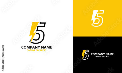 Flash initial number  5 Logo Icon Template. Illustration vector graphic. Design concept Electrical Bolt With number  five symbol. Perfect for corporate, technology, initial , brand identity
