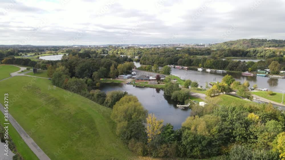 River Trent with boats moored on river bank near Nottingham aerial view River Trent with boats moored on river bank near Nottingham aerial view