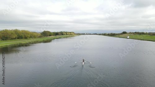 The National Water Sports Centre  Holme Pierrepont, Nottinghamshire England UK  aerial view of Single scull in training photo