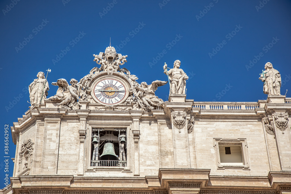 Fragment of the facade of St. Peter's Basilica in the Vatican. Rome, Italy