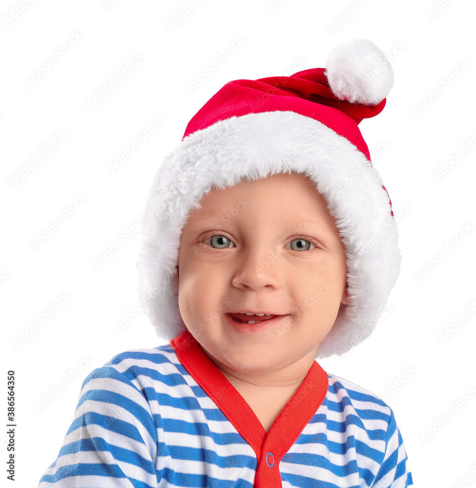 Cute little baby in Santa hat on white background Cute little baby in Santa hat on white background