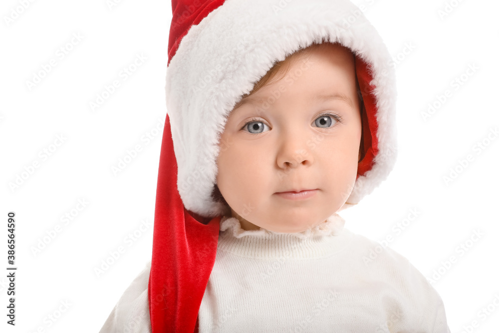 Cute little baby in Santa hat on white background Cute little baby in Santa hat on white background