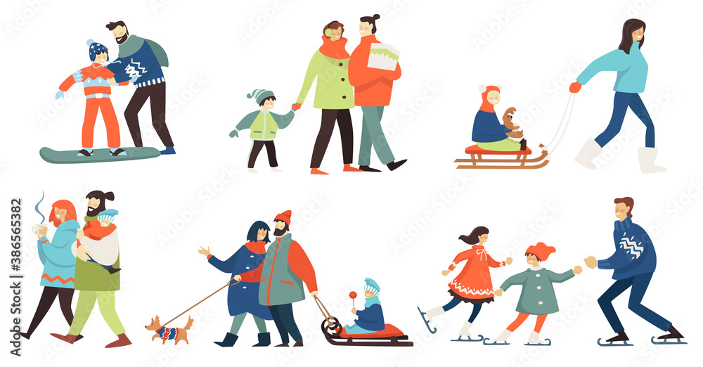 Fototapeta premium Winter activities of family people, father mother and kid