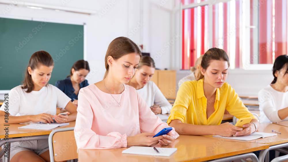 Fototapeta premium Group of focused female students using phones at class in auditorium