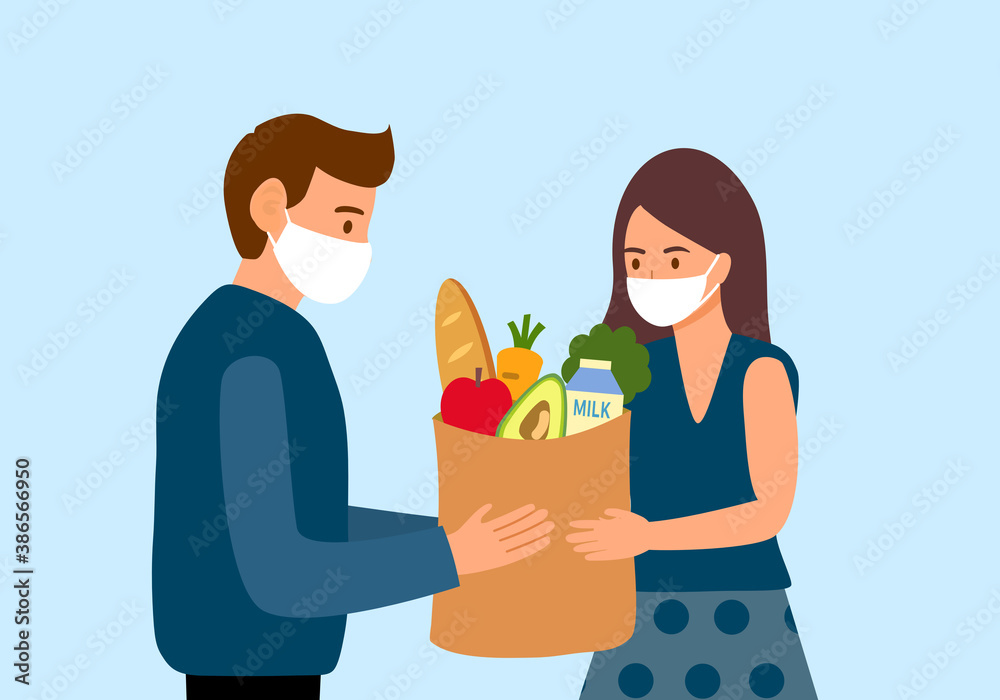 Delivery man hand grocery food to customer female in flat design. They wear medical mask to prevent Covid19 Coronavirus spreading. Health prevention when buying food from supermarket. Delivery man hand grocery food to customer female in flat design. They wear medical mask to prevent Covid19 Coronavirus spreading. Health prevention when buying food from supermarket.