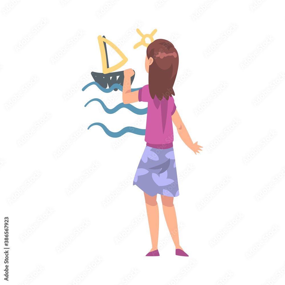 Cute Girl Drawing Boat in the Sea on Wall, Kid Drawing with Colorful Chalk Pencils and Crayons, Back View Cartoon Style Vector Illustration Cute Girl Drawing Boat in the Sea on Wall, Kid Drawing with Colorful Chalk Pencils and Crayons, Back View Cartoon Style Vector Illustration