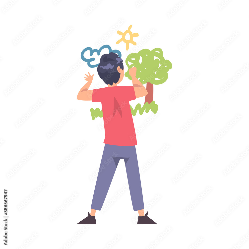 Boy Drawing Scene of Nature on Wall, Kid Drawing with Colorful Chalk Pencils and Crayons, View from Behind Cartoon Style Vector Illustration Boy Drawing Scene of Nature on Wall, Kid Drawing with Colorful Chalk Pencils and Crayons, View from Behind Cartoon Style Vector Illustration