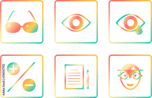 Vector Icon Set, part 2. A set of 6 colorful icons for the optics website. Optometry, ophthalmology, contact lenses.