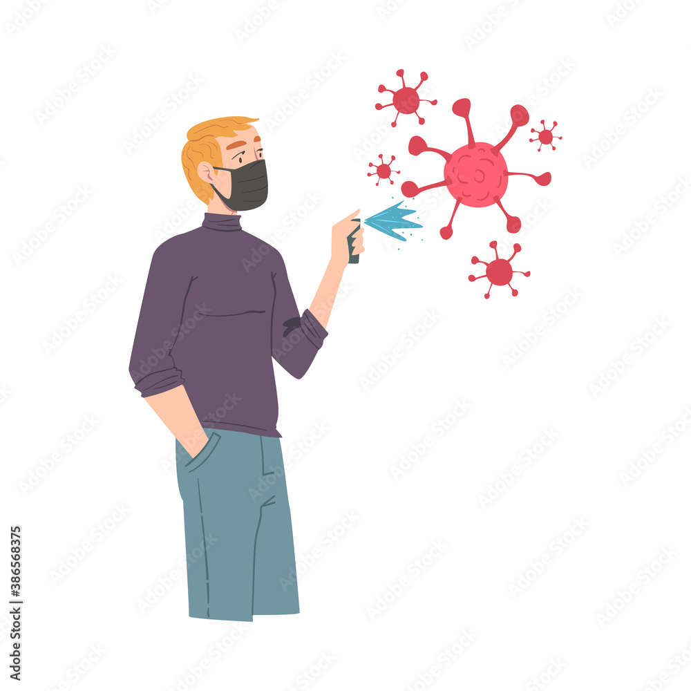 Man in Protective Black Mask with Antibacterial Spray for Virus Prevent, Protection from Virus Outbreak, Pandemic Prevention Concept Cartoon Style Vector Illustration Man in Protective Black Mask with Antibacterial Spray for Virus Prevent, Protection from Virus Outbreak, Pandemic Prevention Concept Cartoon Style Vector Illustration