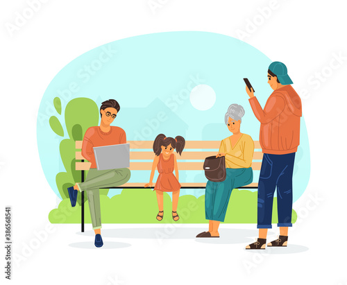 People walking in city park on summer street. Families with children, elderly people relax on a bench in the park, work and communicate using mobile technologies