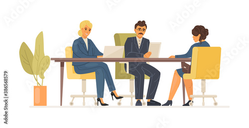 Interview job woman with an hr manager and vacancy director. Headhunting, recruitment, staff search, employment service, resume review. Hiring on work, job seekers at interview vacancy