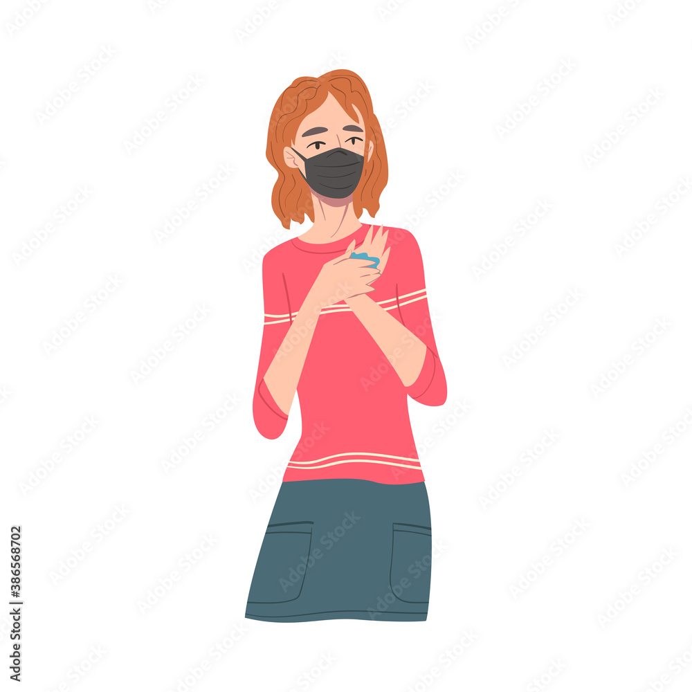 Young Woman Wearing Protective Mask Cleaning Hands with Disinfecting Wipes, Protection from Virus Outbreak, Pandemic Prevention Concept Cartoon Style Vector Illustration Young Woman Wearing Protective Mask Cleaning Hands with Disinfecting Wipes, Protection from Virus Outbreak, Pandemic Prevention Concept Cartoon Style Vector Illustration