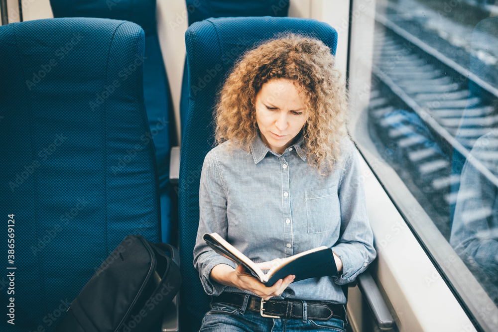 Female passenger of train working remotely in the train. Female passenger of train working remotely in the train.