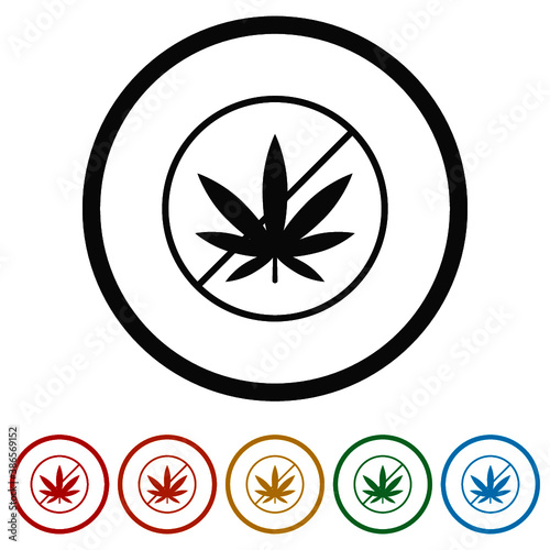 Stop marijuana or cannabis leaf ring icon, color set