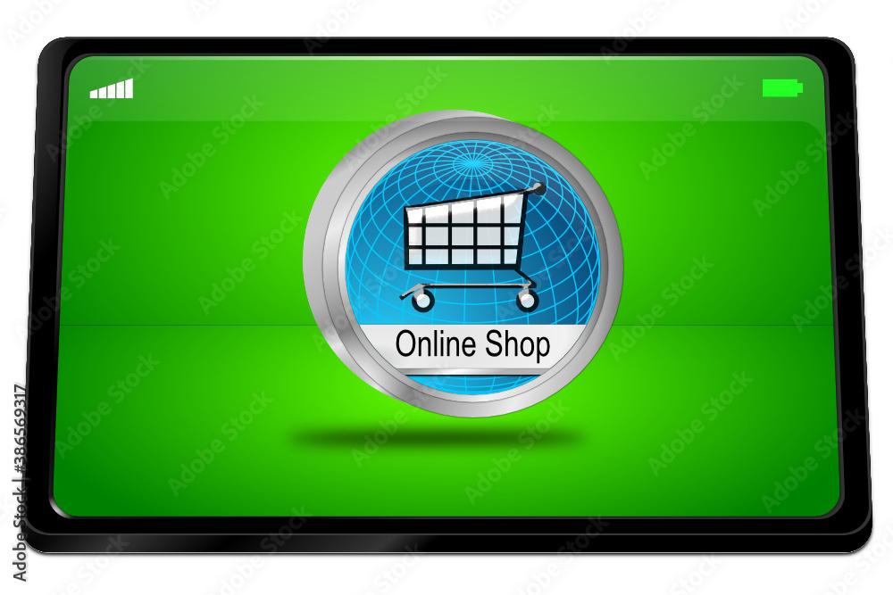Tablet computer with online Shop Button - 3D illustration Tablet computer with online Shop Button - 3D illustration