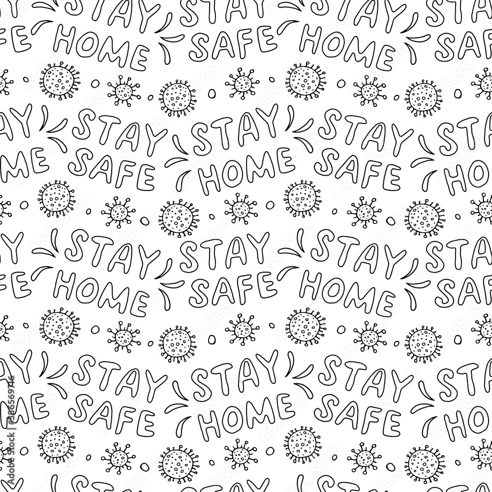 Vector seamless pattern with lettering - Stay home, Stay safe - and illustration of molecules, cells of virus. Theme of quarantine, self protection, isolation times and spread of coronavirus