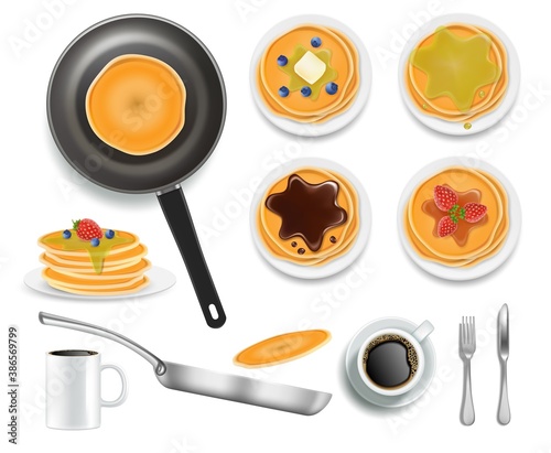 Fluffy pancakes with various toppings honey, chocolate, blueberry and strawberry fruits, vector isolated illustration. Realistic frying pan with pancake, coffee. Traditional american breakfast food.