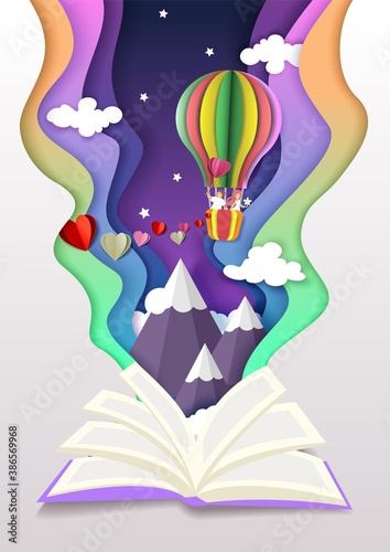 Open book with romantic couple in love flying in hot air balloon high in the sky over mountain peaks. Vector illustration in paper cut craft style. Romantic love stories concept.