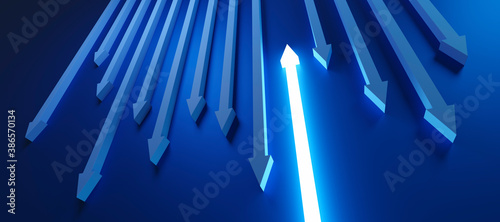 Photos 発光する上向き矢印と下降する矢印の3Dレンダリンググラフィックス