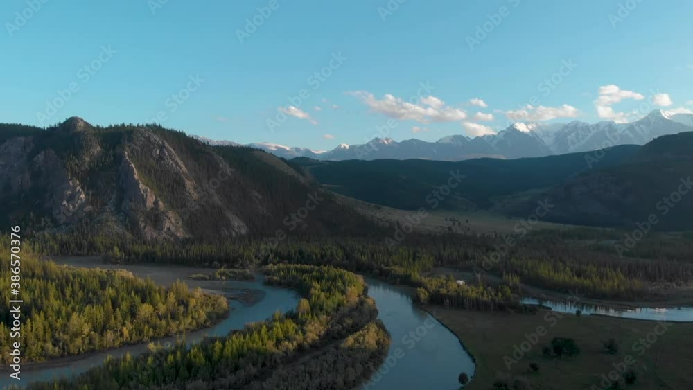 Kurai steppe and Chuya river on North-Chui ridge mountains background. Altai mountains, Russia. Aerial drone 4k video. Kurai steppe and Chuya river on North-Chui ridge mountains background. Altai mountains, Russia. Aerial drone 4k video.