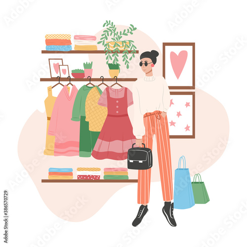 Shopping store card design. Woman in fashionable clothes, textile, and accessorizes vector cartoon illustration.