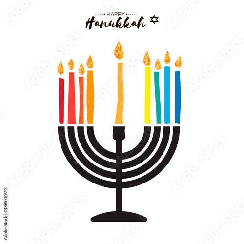 Happy Hanukkah. The Jewish Festival of Lights. Festive menorah on white background.