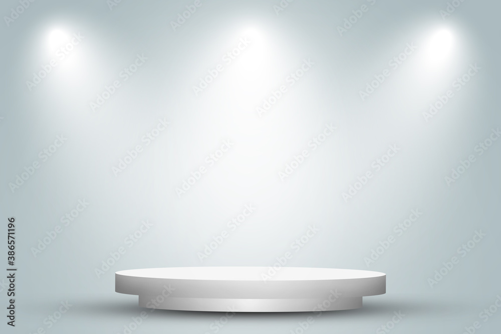 Empty space of Round white podium or pedestal in studio room with spotlight in gray background. - obrazy, fototapety, plakaty 