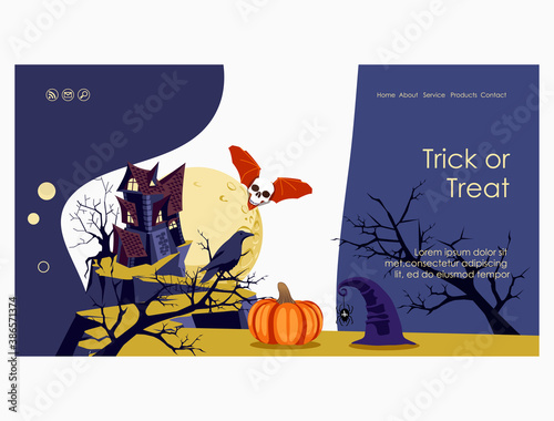 Trick or treat landing page template. Happy Halloween night event party banner with scary haunted house, pumpkin, raven cartoon vector illustration