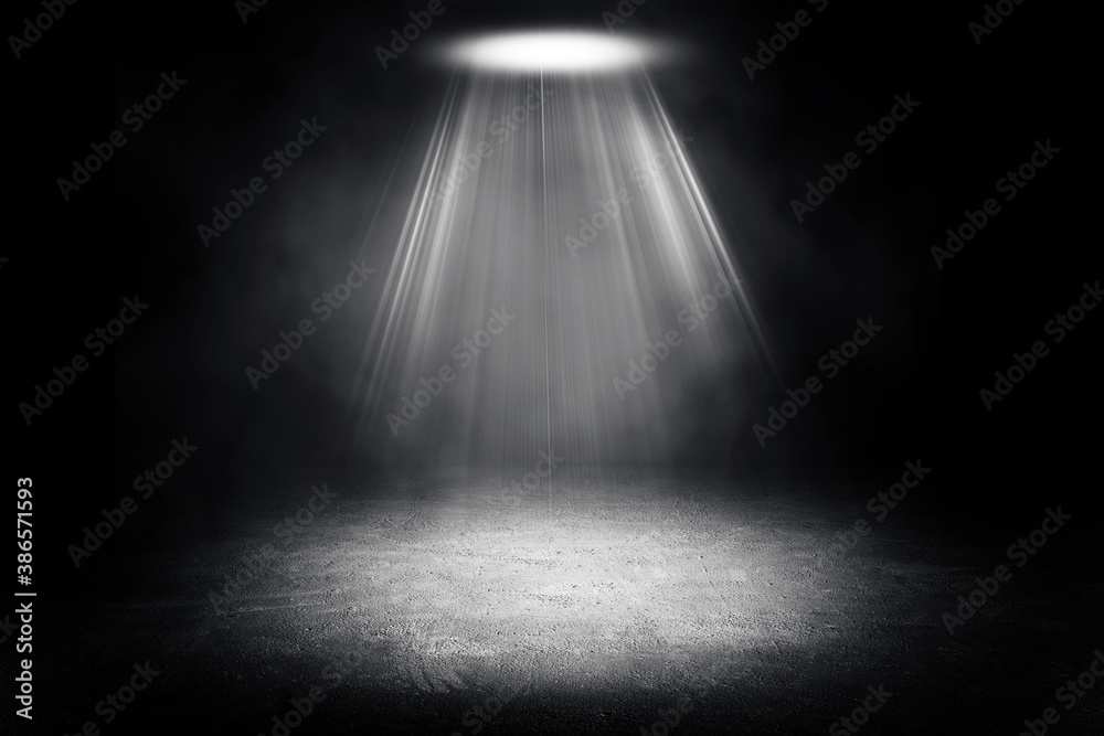 Fototapeta premium Empty space of Studio dark room black concrete floor grunge texture background with fog or mist with spotlight.