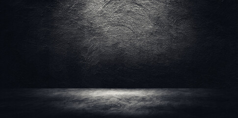 Empty space of Studio dark room concrete floor grunge texture background with light shading on concrete wall.