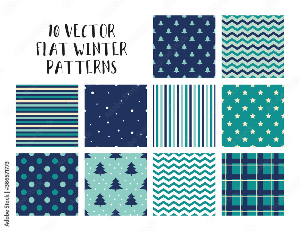 Plakat 10 Basic winter vector patterns set. Ideal for wrapping paper, textile, fabric or apparel.
