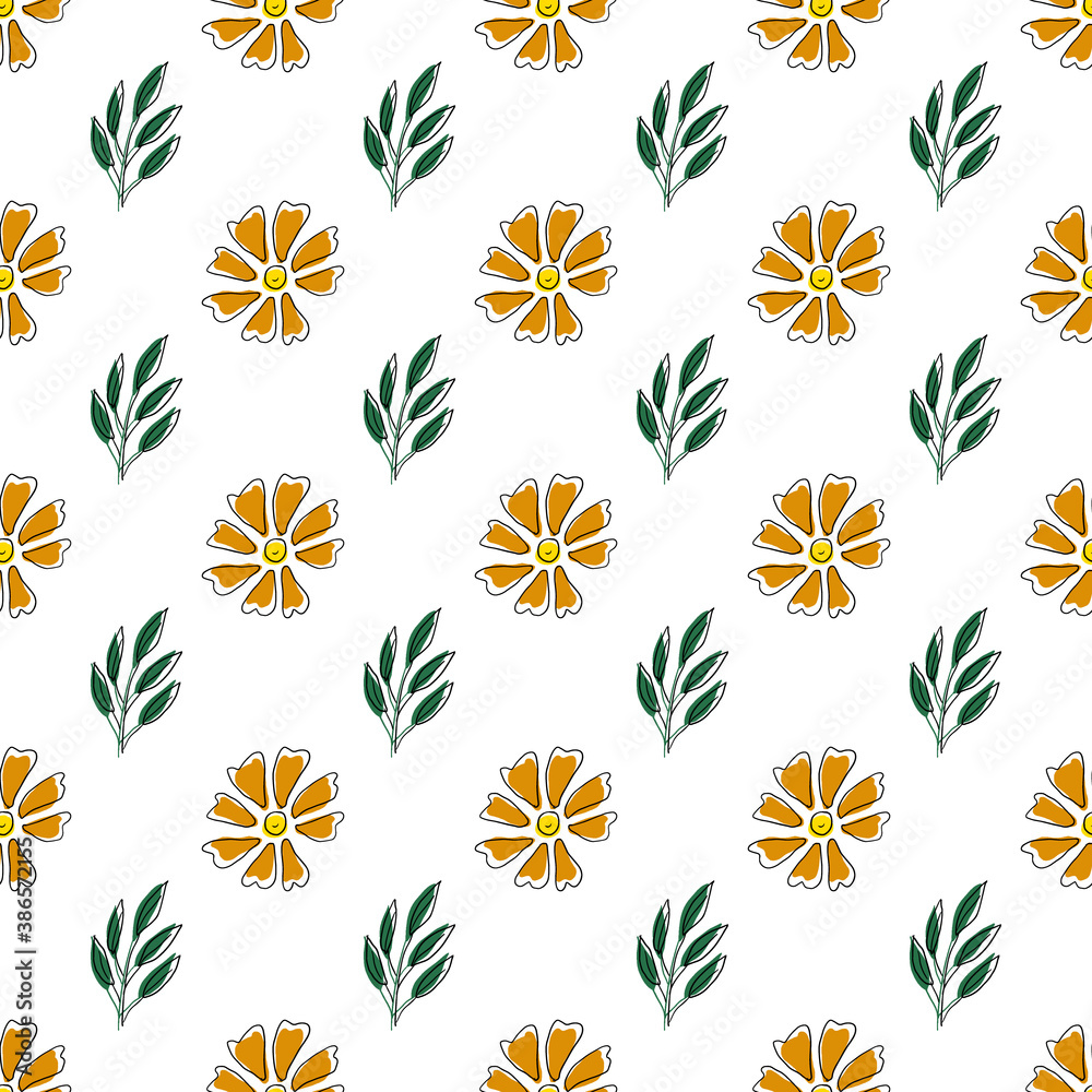 Vector seamless pattern with yellow flowers and green leaves on a white background. Use in fabric, wrapping paper, wallpaper, bags, clothes, dishes, cases on smartphones and tablets.