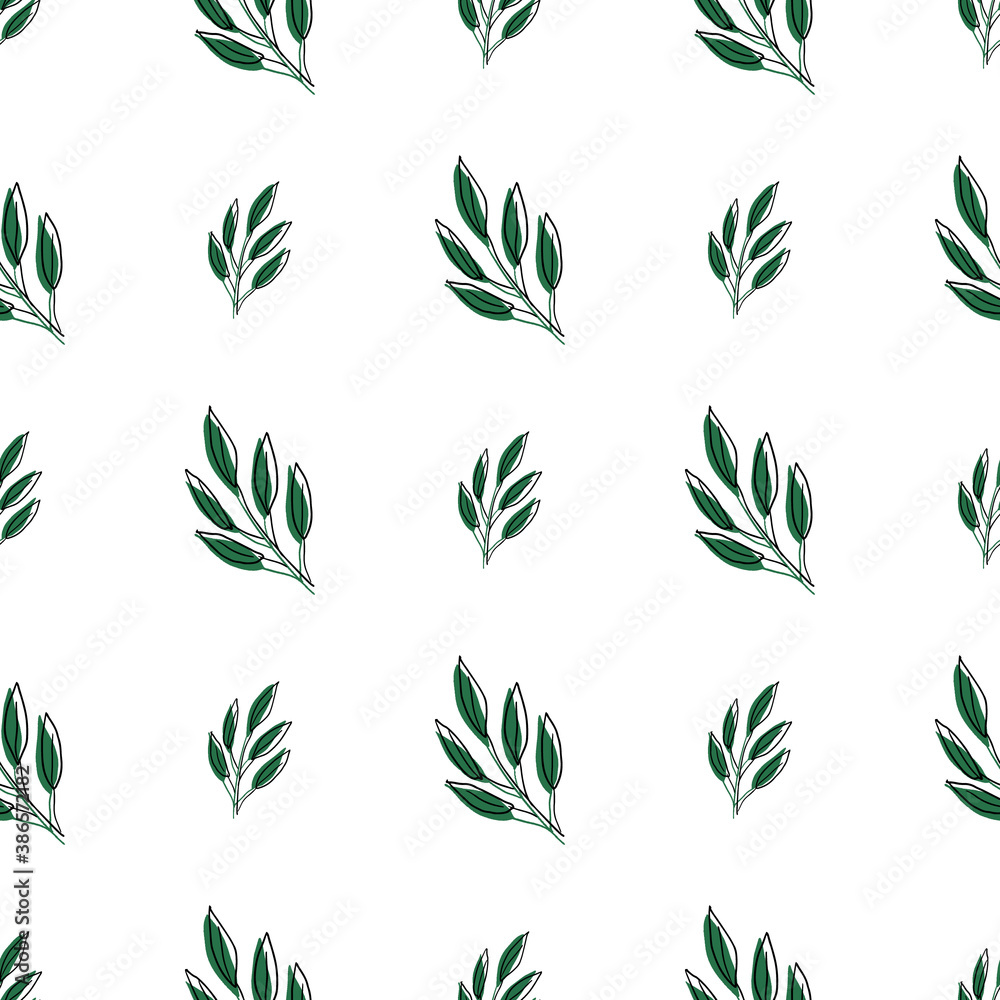 Seamless pattern with green leaves on a white background. Can be used for napkins, wrapping paper, fabric, tablecloth, curtains, as a background, for packaging.