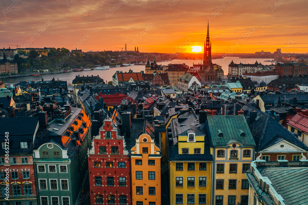 Stortorget place in Gamla stan, Stockholm in a beautiful sunset over the city. 