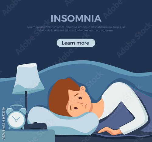 Sleepy awake man in bed suffers from insomnia. Vector illustration of tired exhausted sad guy insomniac
