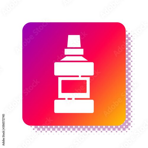 White Mouthwash plastic bottle and glass icon isolated on white background. Liquid for rinsing mouth. Oralcare equipment. Square color button. Vector.