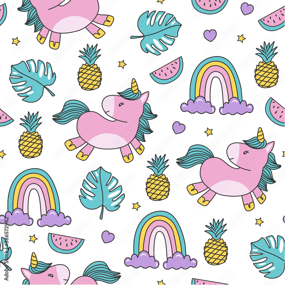 Vector cute unicorns. Greeting card, Vector seamless pattern with cute cartoon unicorns. Wrapping paper or fabric. Unicorn, rainbow, watermelon, stars, hearts, pineapple, tropical leaves.