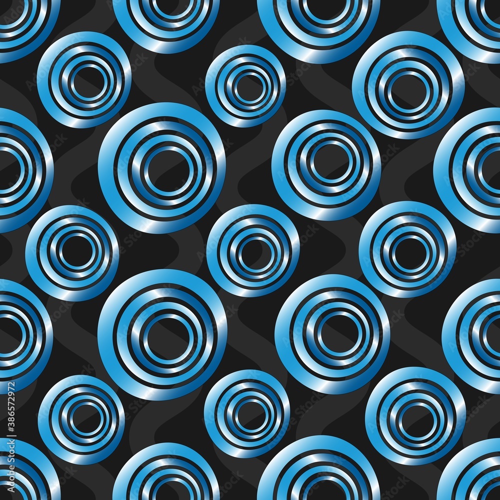 Seamless background of concentric circles in neon blue colors on black