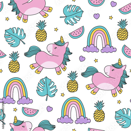 Vector cute unicorns. Greeting card, Vector seamless pattern with cute cartoon unicorns. Wrapping paper or fabric. Unicorn, rainbow, watermelon, stars, hearts, pineapple, tropical leaves.