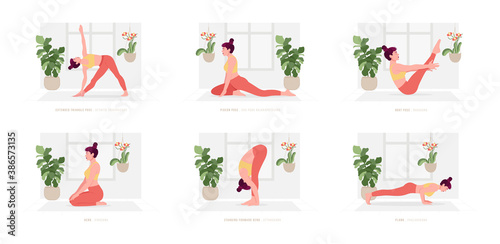 Indoor Yoga Set. Young woman practicing Yoga pose. Woman workout fitness, aerobic and exercises. Vector Illustration.