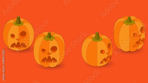 Set of isometric halloween pumpkins. Jack-o'-lanterns isolated on violet background.