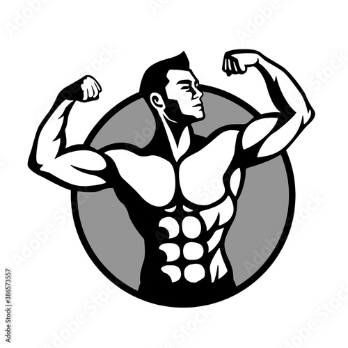 strong athletic man posing, vector, logo, cartoon, mascot, character, monochrome