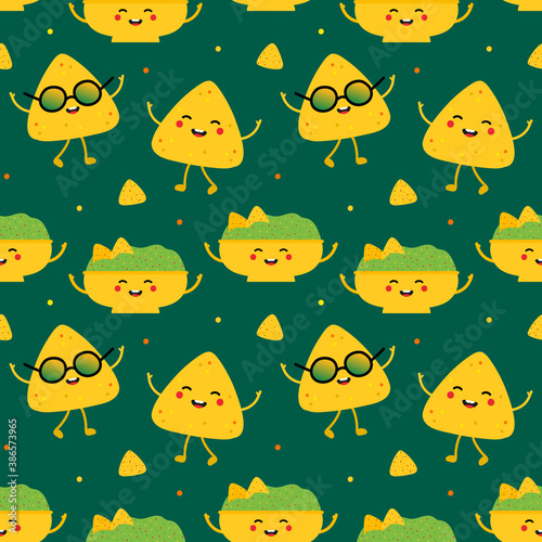 Cute and smiling cartoon style nachos and guacamole characters vector seamless pattern background for mexican food design, nachos day celebration.
