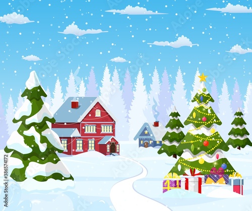 Suburban house covered snow. Building in holiday ornament. Christmas landscape tree spruce. Happy new year decoration. Merry christmas holiday. New year xmas celebration. Vector illustration