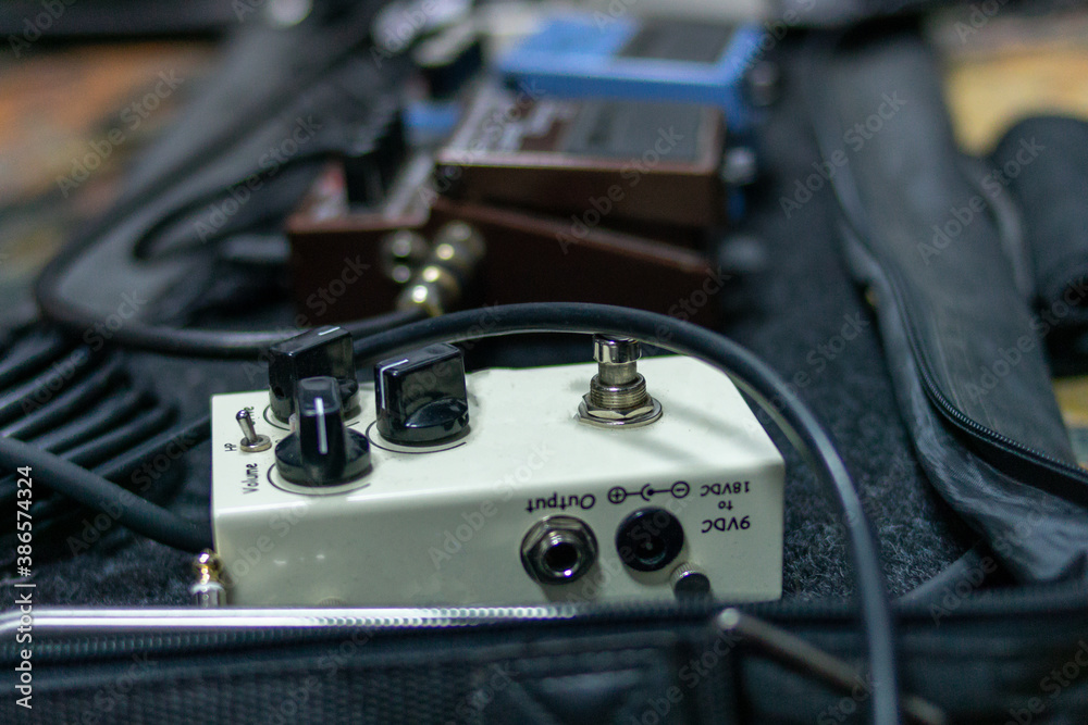 close-up of effects pedal for electric guitar