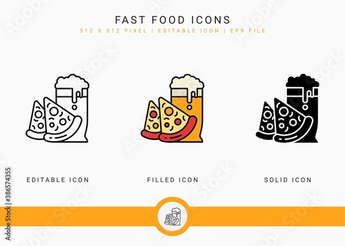 Fast food icons set vector illustration with solid icon line style. Cafeteria snack menu concept. Editable stroke icon on isolated background for web design, infographic and UI mobile app.