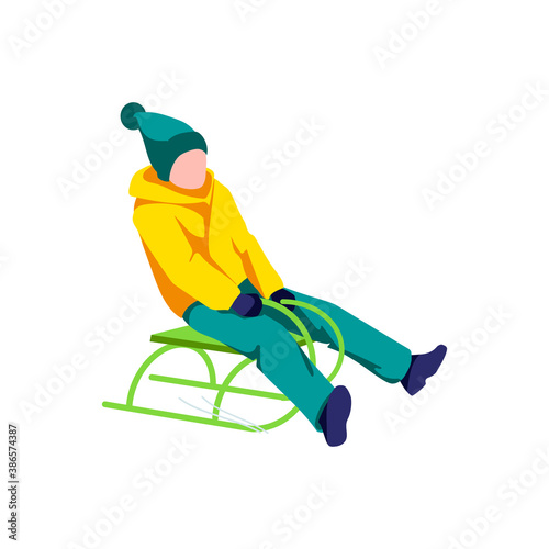 Child sledding down snow hill. Boy in winter clothing riding sledding slide. Winter sports activities Winter sports activities cartoon vector illustration isolated on white background